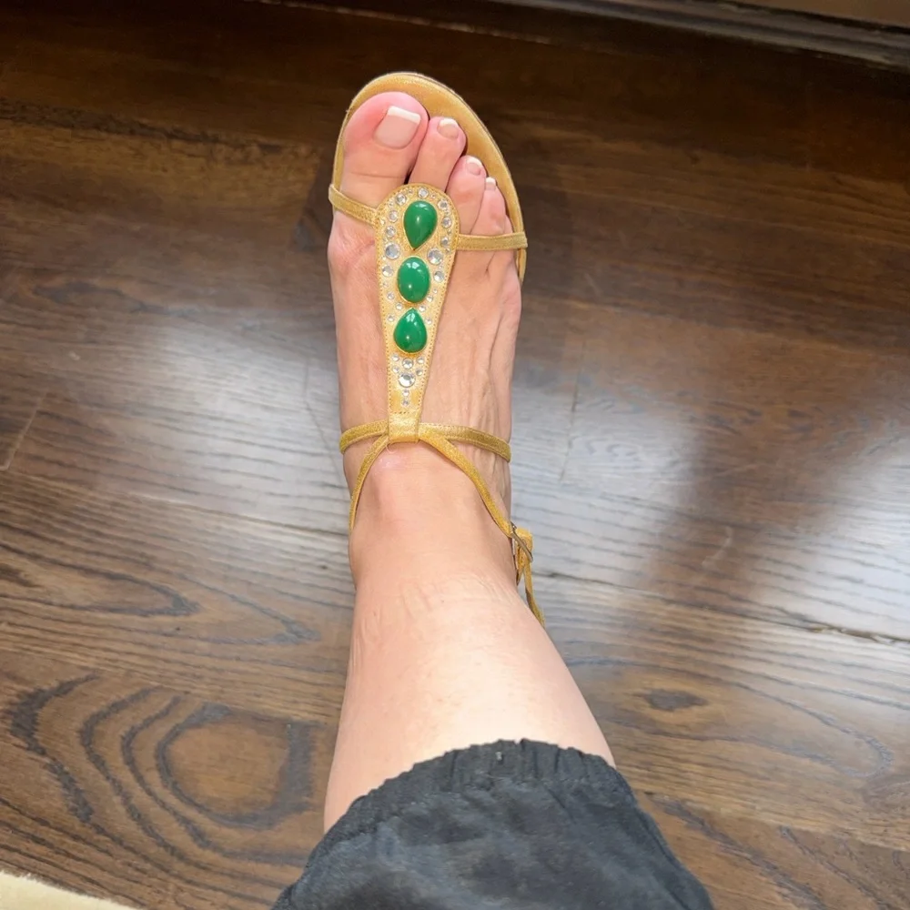 JIMMY CHOO Metallic Gold Strappy Stiletto Sandals with Green accents. Size 8.5